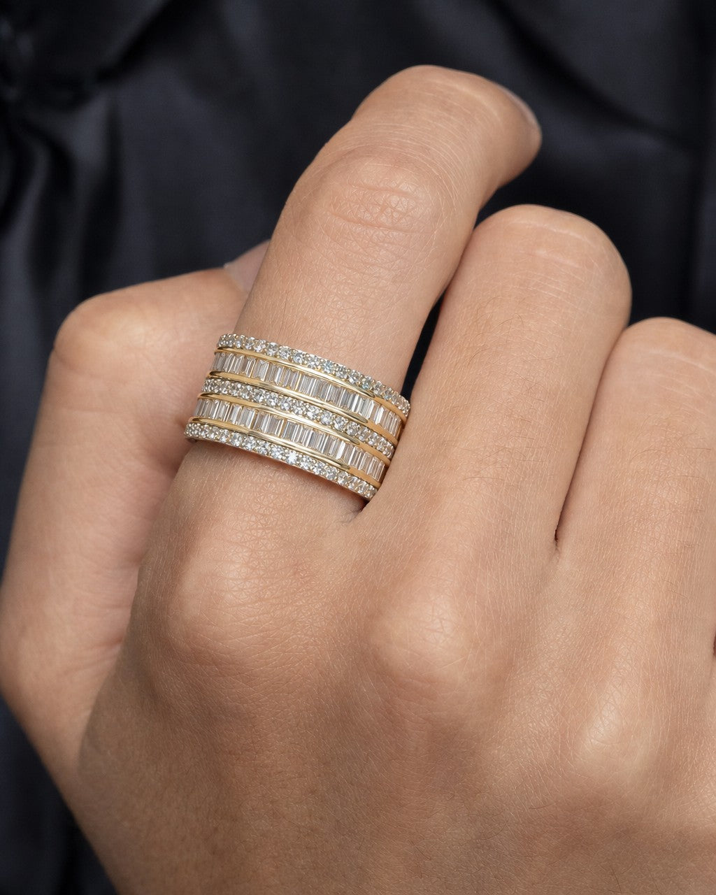 Male model wearing 14K Double Row Baguette Layer Ring