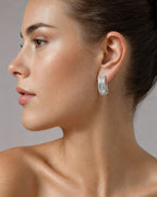 Female model wearing 14k Baguette Ladder In and Out Hoop Earrings
