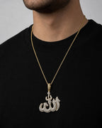 Male model wearing 10K 3D Allah Diamond Pendant