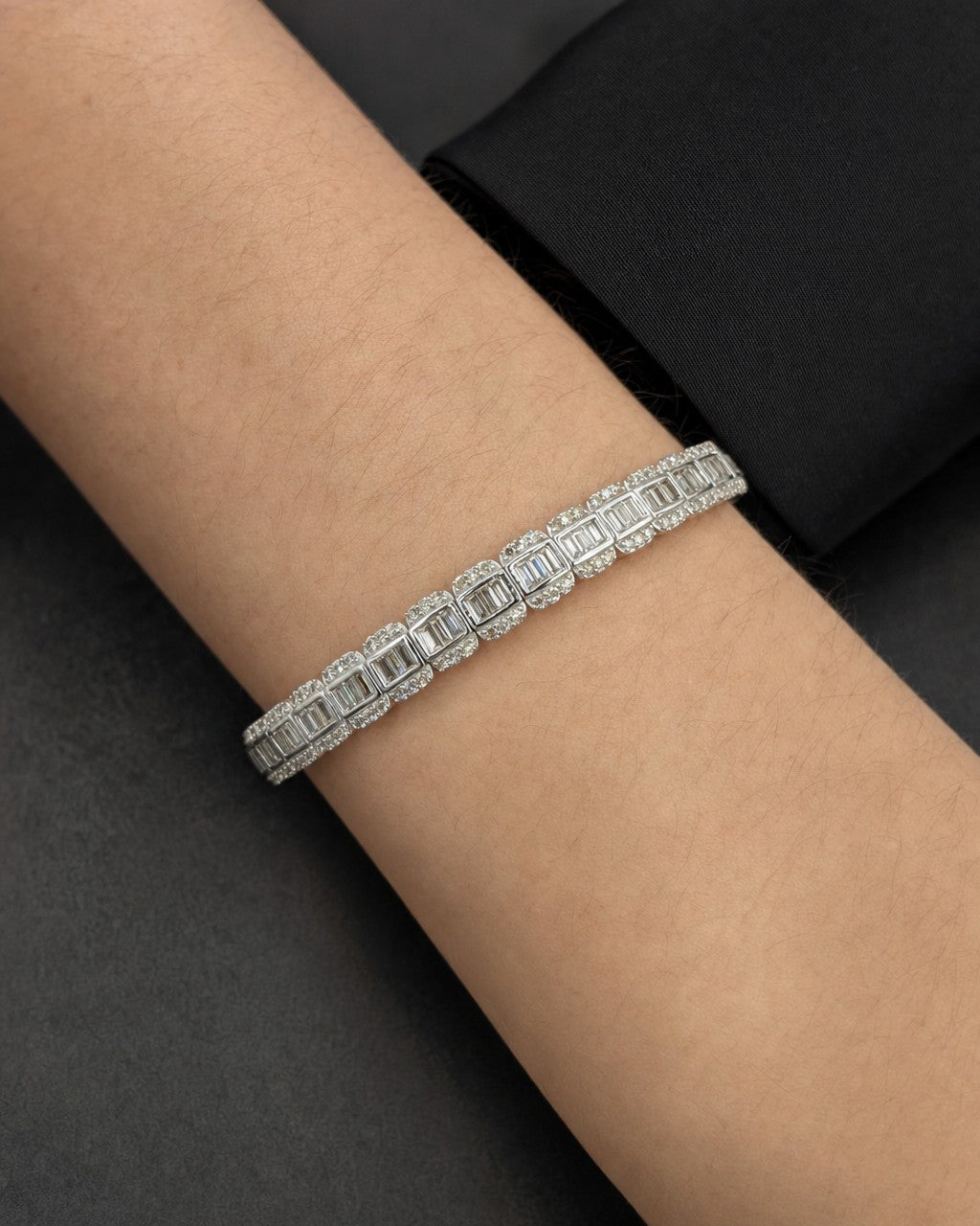 Male model wearing 14K Baguette Bangle Bracelet 6.8mm