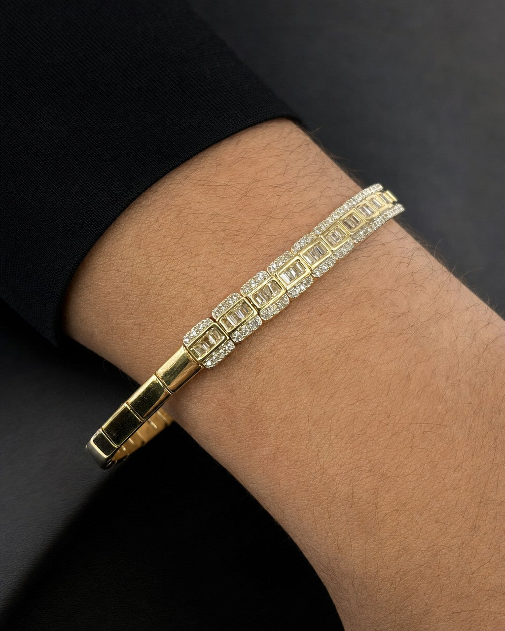Male model wearing 14K Baguette Bangle Bracelet 5.4mm