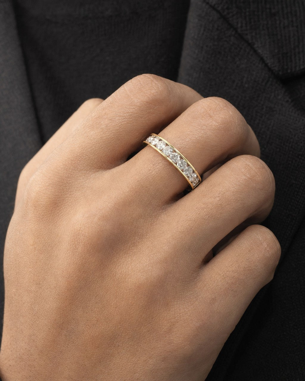 Male model wearing 10k Half Diamond Ring Band 3.85mm