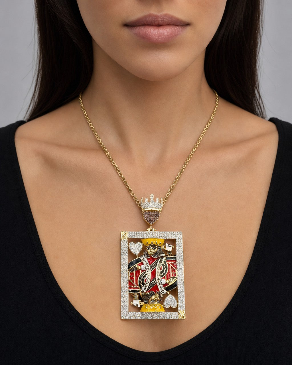 Female model wearing 10k Custom Jumbo King of Hearts Pendant