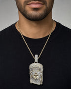 Male model wearing 10k Jumbo Iced Out Jesus Head Pendant
