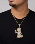 Male model wearing 10k Custom Chucky Pendant