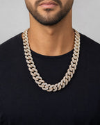 Male model wearing 14K 18.6mm Rose Gold and White Gold Two-Tone Cuban Chain 25"