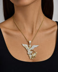 Female model wearing 10K Saint Michael Archangel Pendant