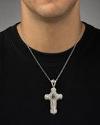 Male model wearing 14k White Gold Aqua Cross Pendant