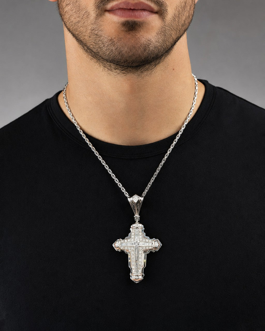 Male model wearing 14k White Gold Bubble Cross