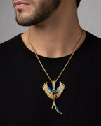 Male model wearing 14k Colorful Parrot Pendant