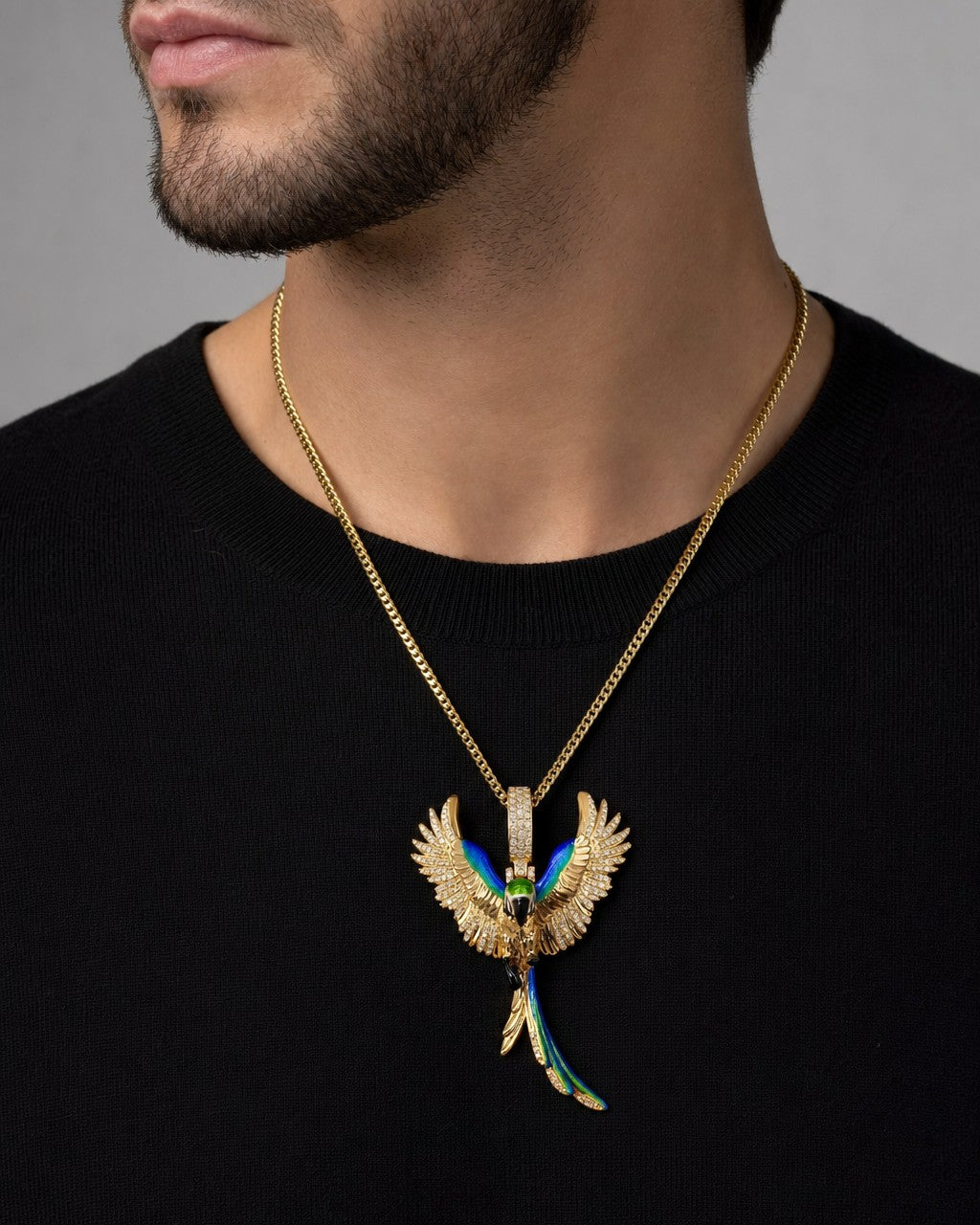Male model wearing 14k Colorful Parrot Pendant