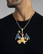 Male model wearing 10k Charizard Pendant