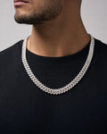 Male model wearing 14k 12.5mm White Gold Diamond Cuban Chain 24”