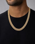 Male model wearing 14k 16.5mm Gold Cuban Chain 22”