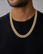 Male model wearing 14k 16.5mm Gold Cuban Chain 22”