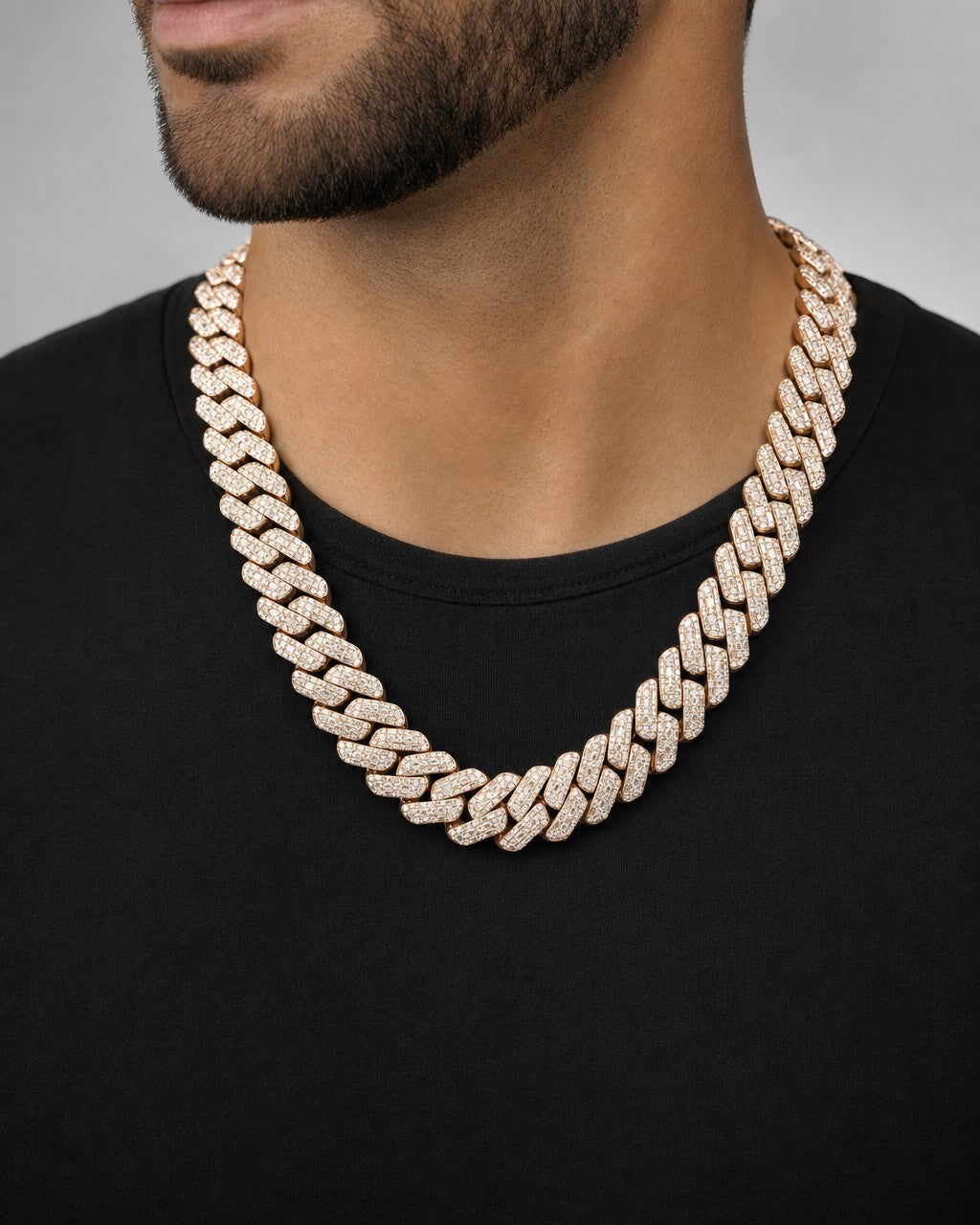 Male model wearing 14K 18.5mm Rose Gold Baguette Cuban Chain 22"