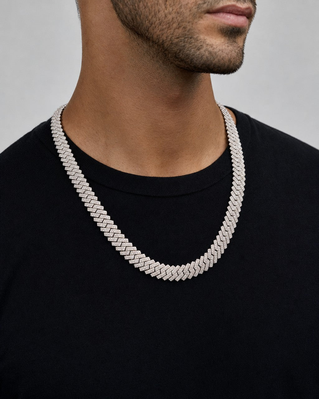 Male model wearing 14k 11.5mm White Gold Cuban Chain 22"