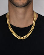 Male model wearing 14K Solid Gold Cuban Chain 15.5mm 22"