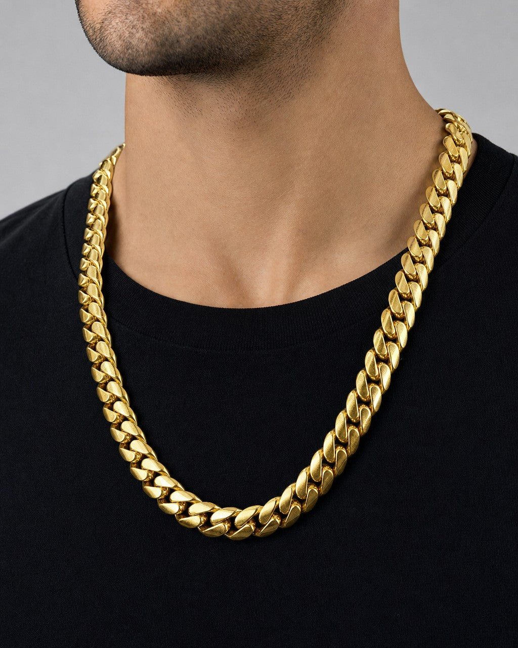Male model wearing 14K Solid Gold Cuban Chain 15mm 24"