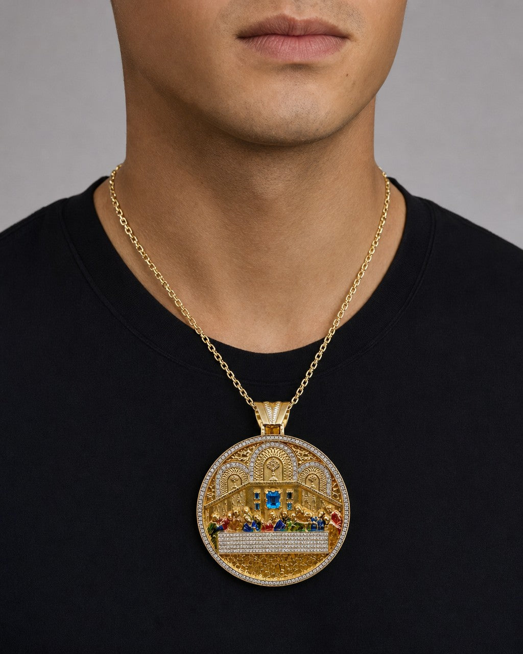 Male model wearing 14K Jumbo Last Supper Pendant
