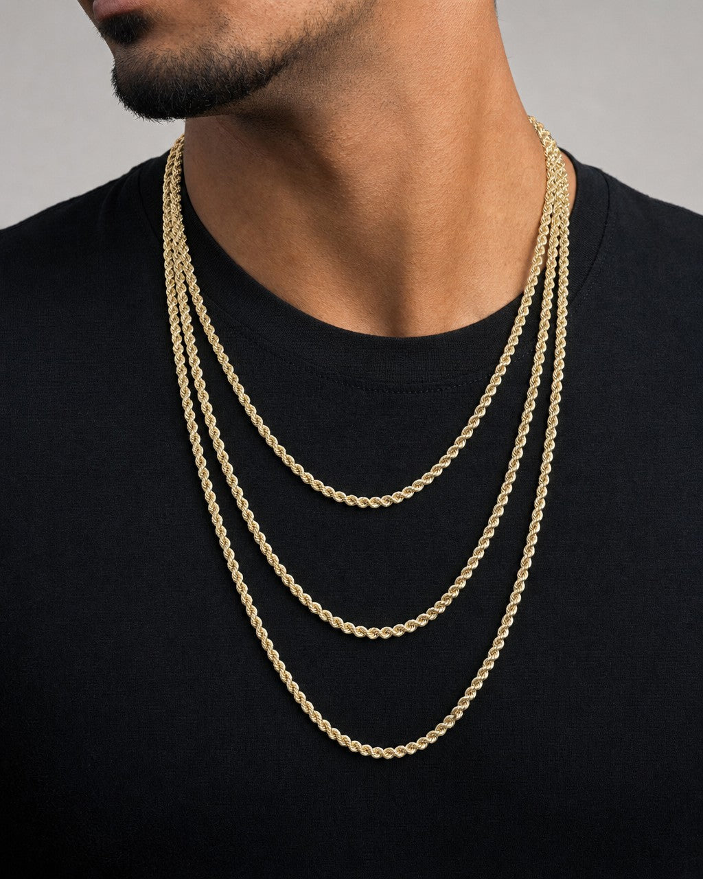 Male model wearing 14k Gold Rope Chain 3.6mm