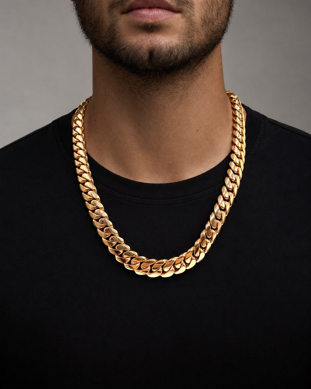 Male model wearing 14k Solid Rose Gold Cuban Chain 16.3mm 21”