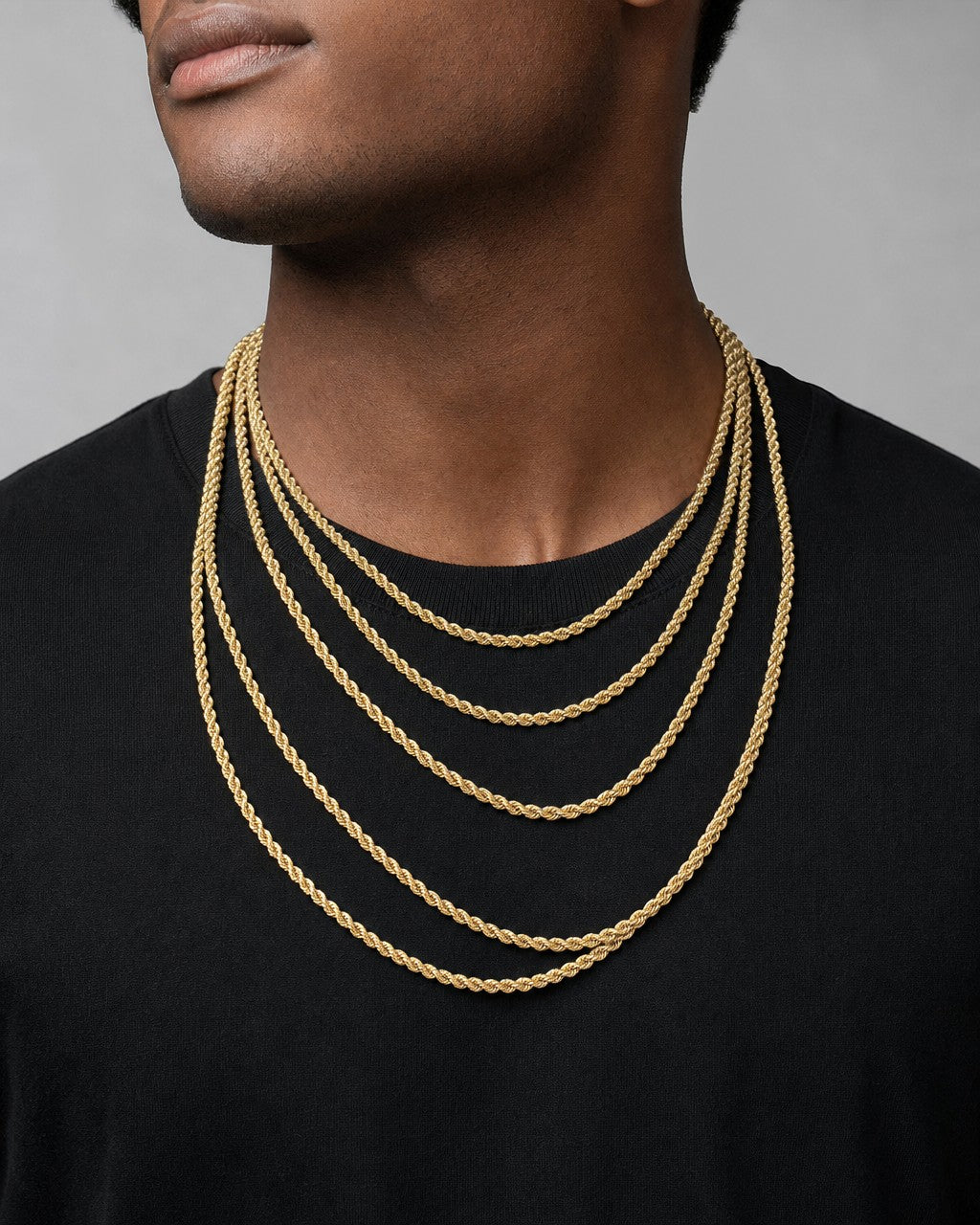 Male model wearing 14k Gold rope chain 3mm