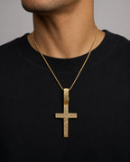 Male model wearing 14K Latin Cross Diamond Pendant