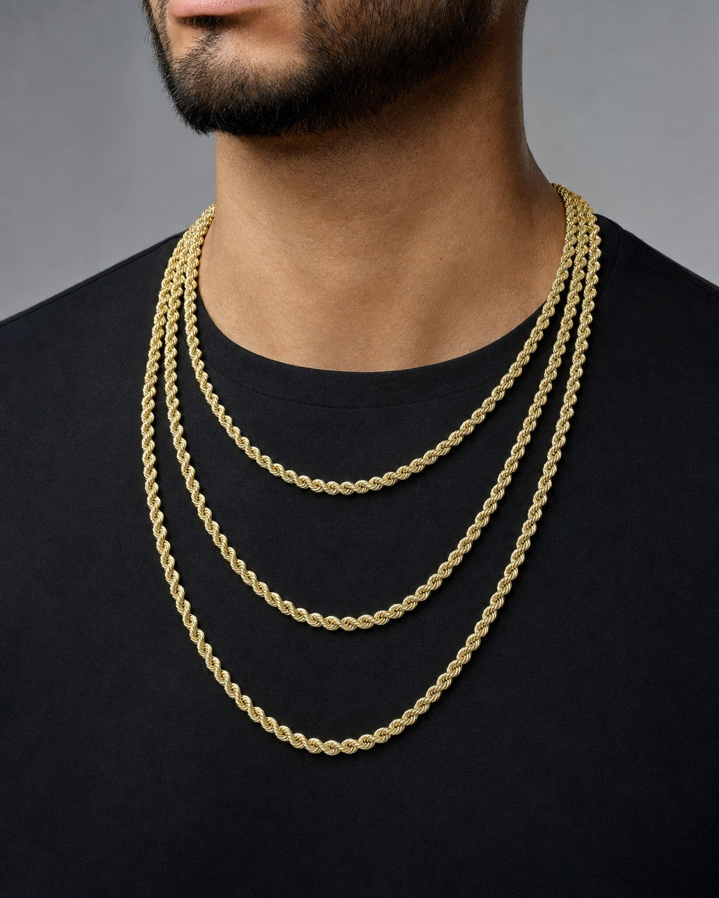 Male model wearing 14k Gold Rope Chain 4.3mm
