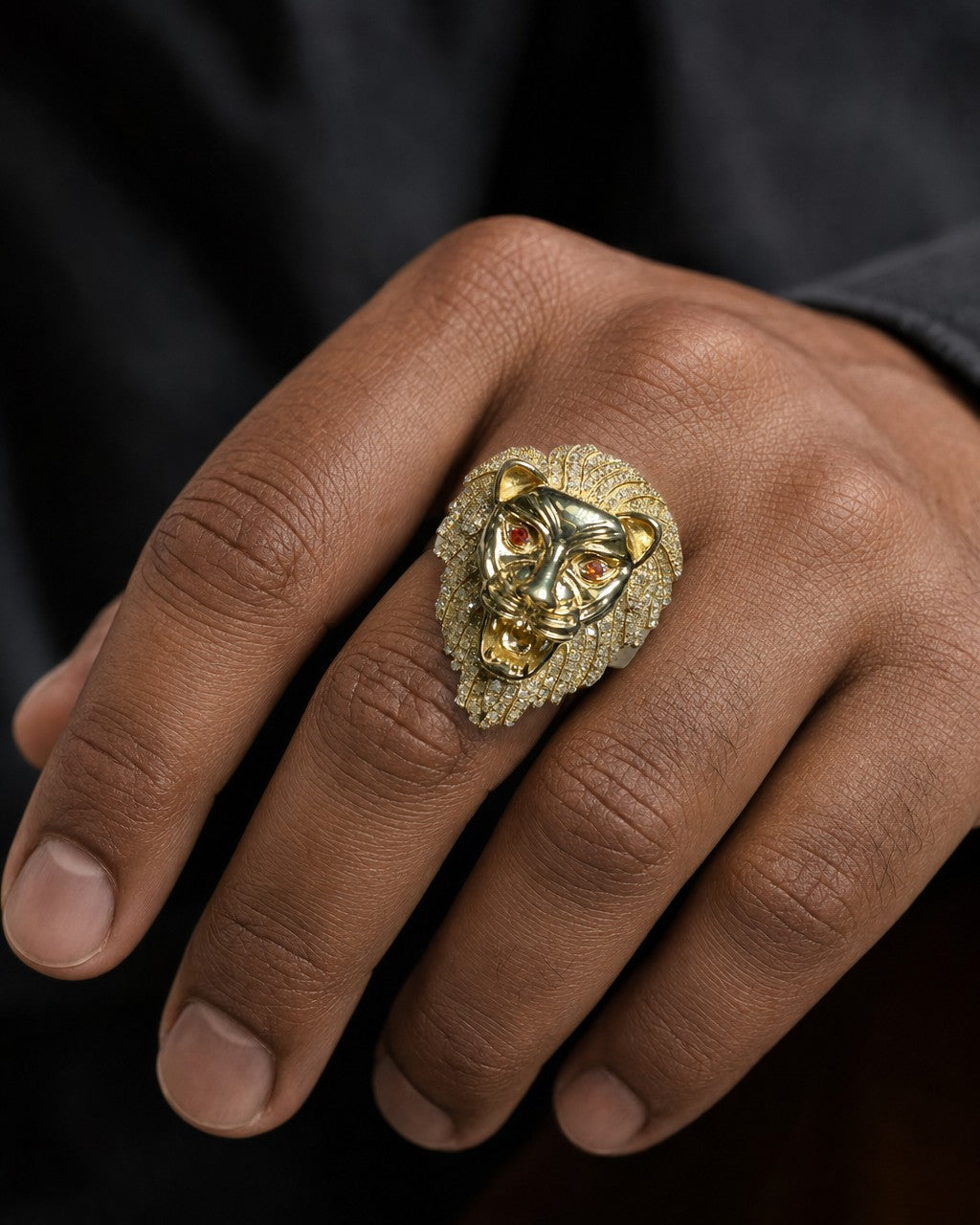 Male model wearing 10K Lion Ring