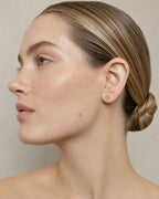 Female model wearing 10k Square Rounded Diamond Baguette Rows Earrings
