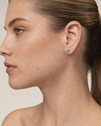 Female model wearing 10k Square Box Diamond Baguette Earrings