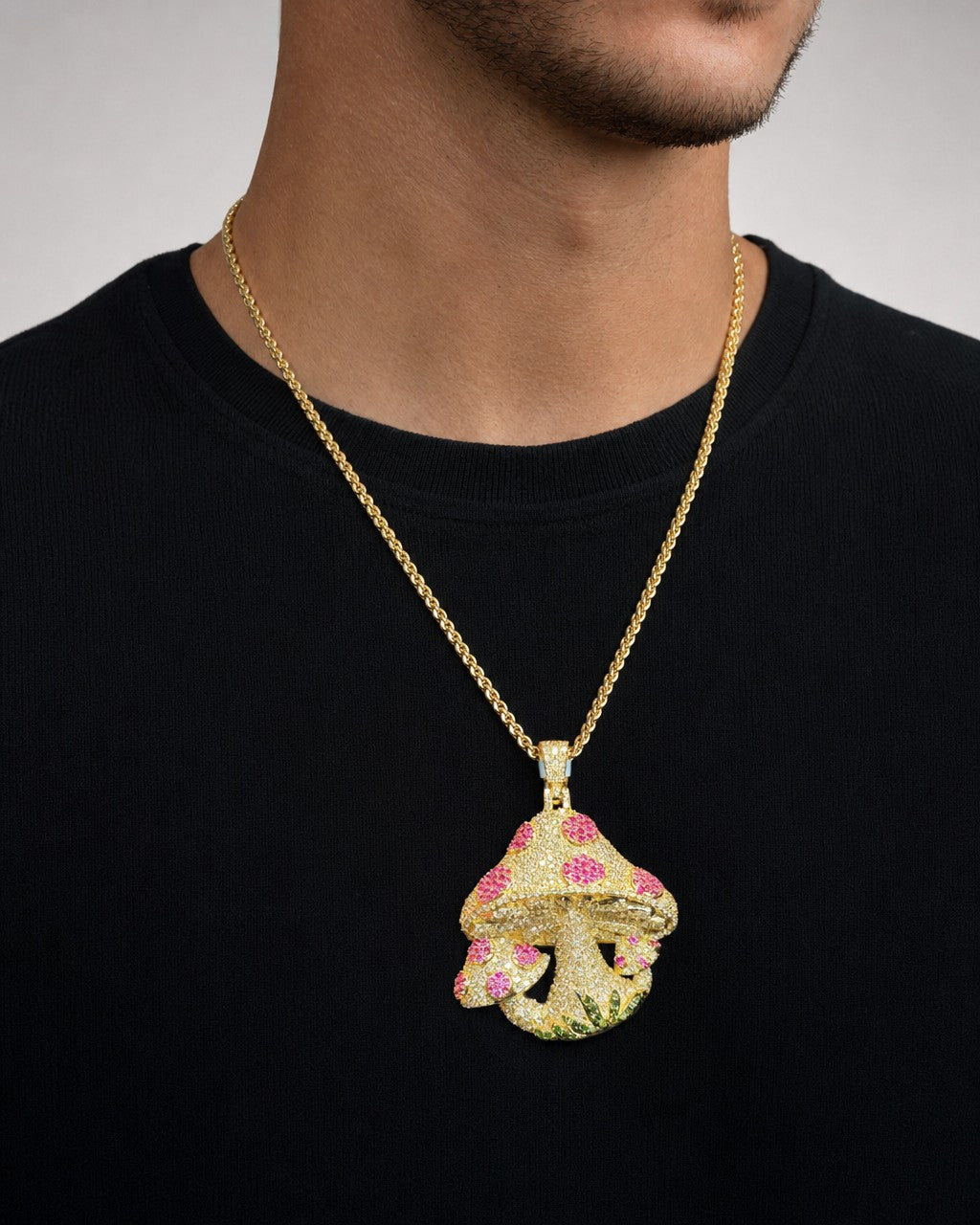 Male model wearing 14K Gold Diamond Magic Mushroom Pendant