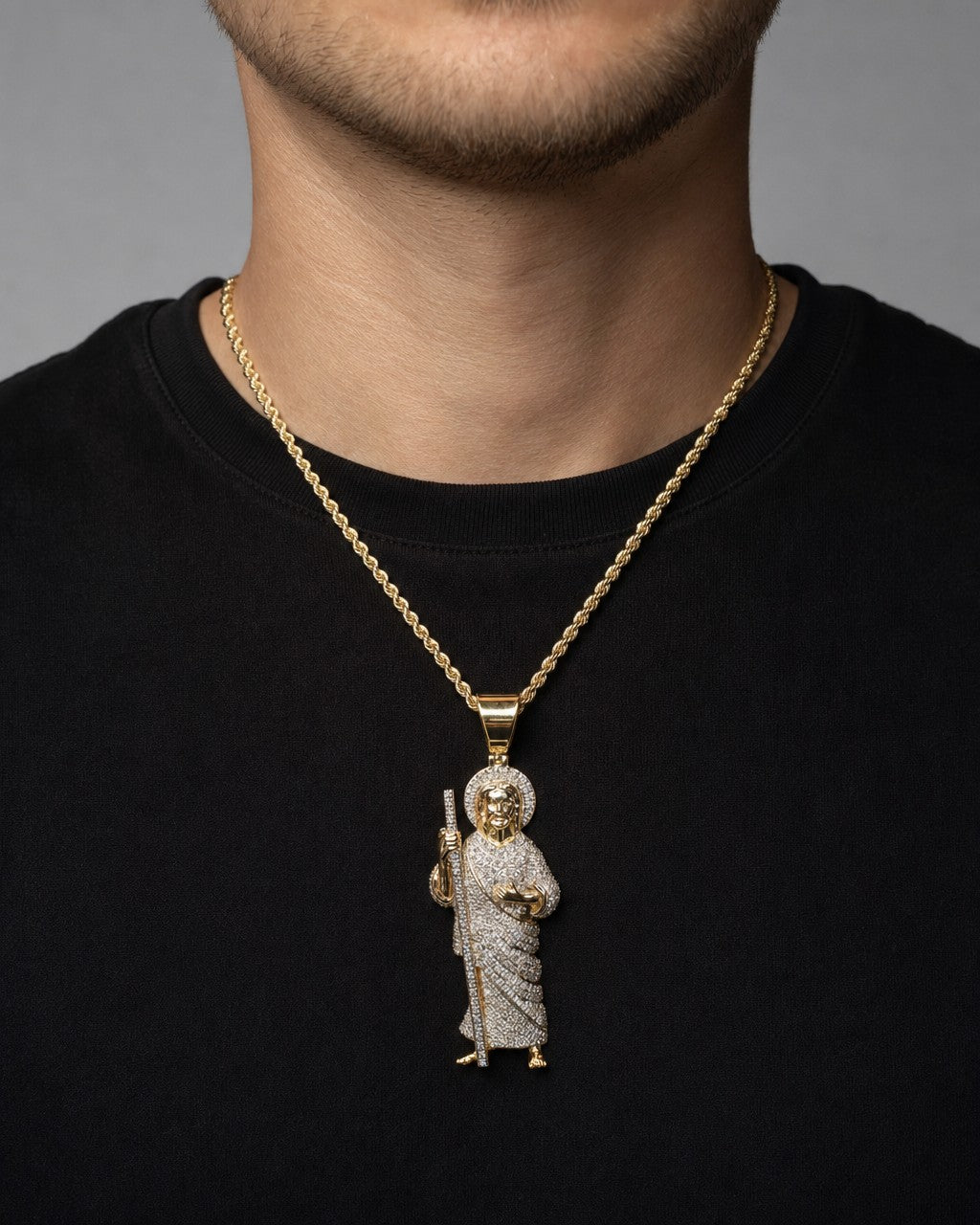 Male model wearing 10K Saint Jude Diamond Pendant