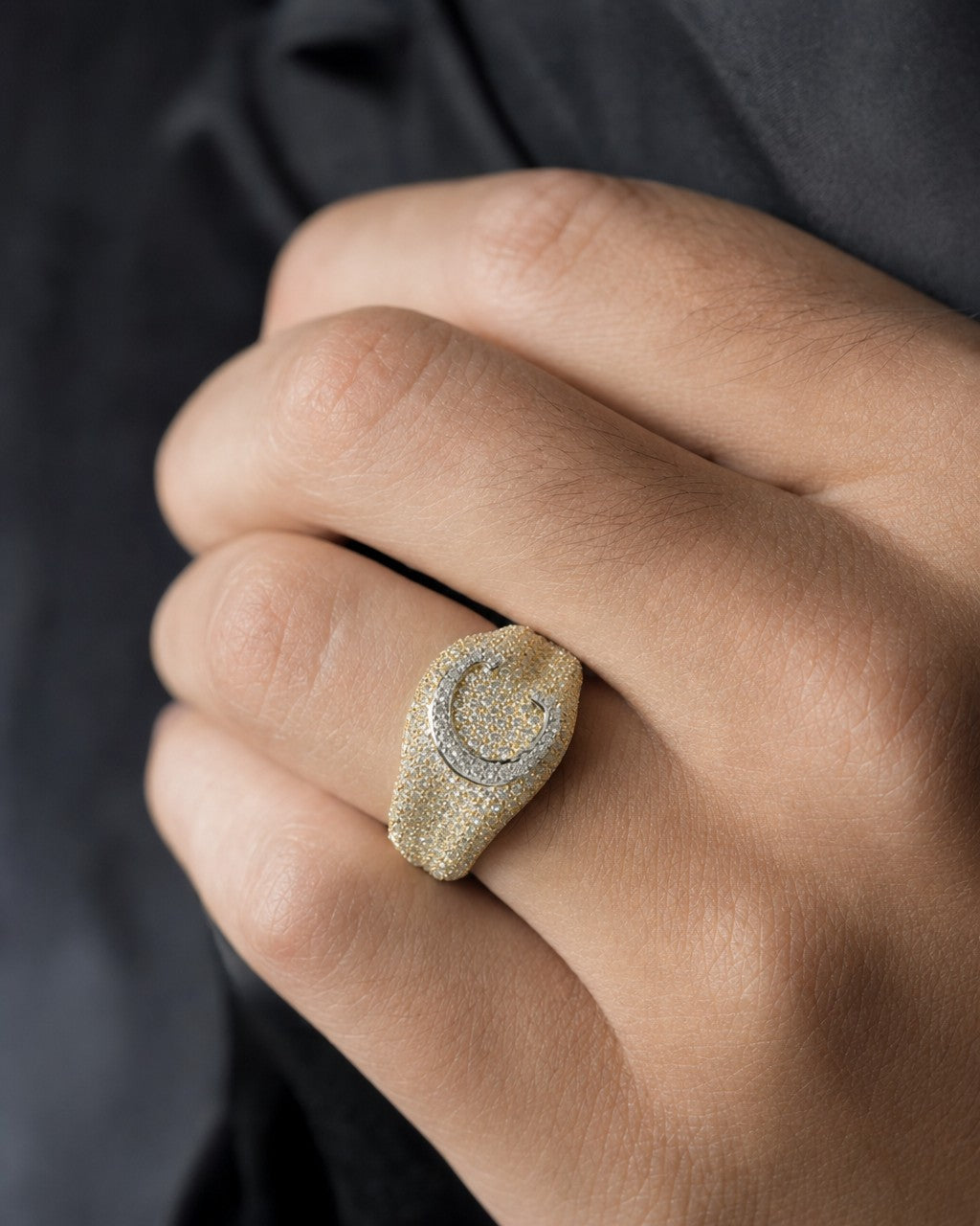 Male model wearing 10K Bubble Script Initial Diamond Ring
