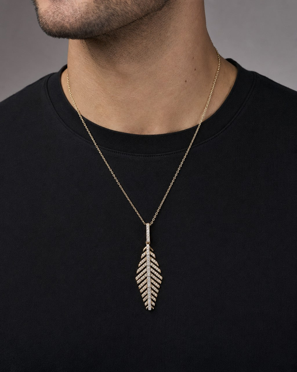 Male model wearing 14K Gold Leaf Diamond Pendant