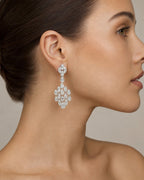Female model wearing 14K Bridal Baguette Tree Hanging Earrings