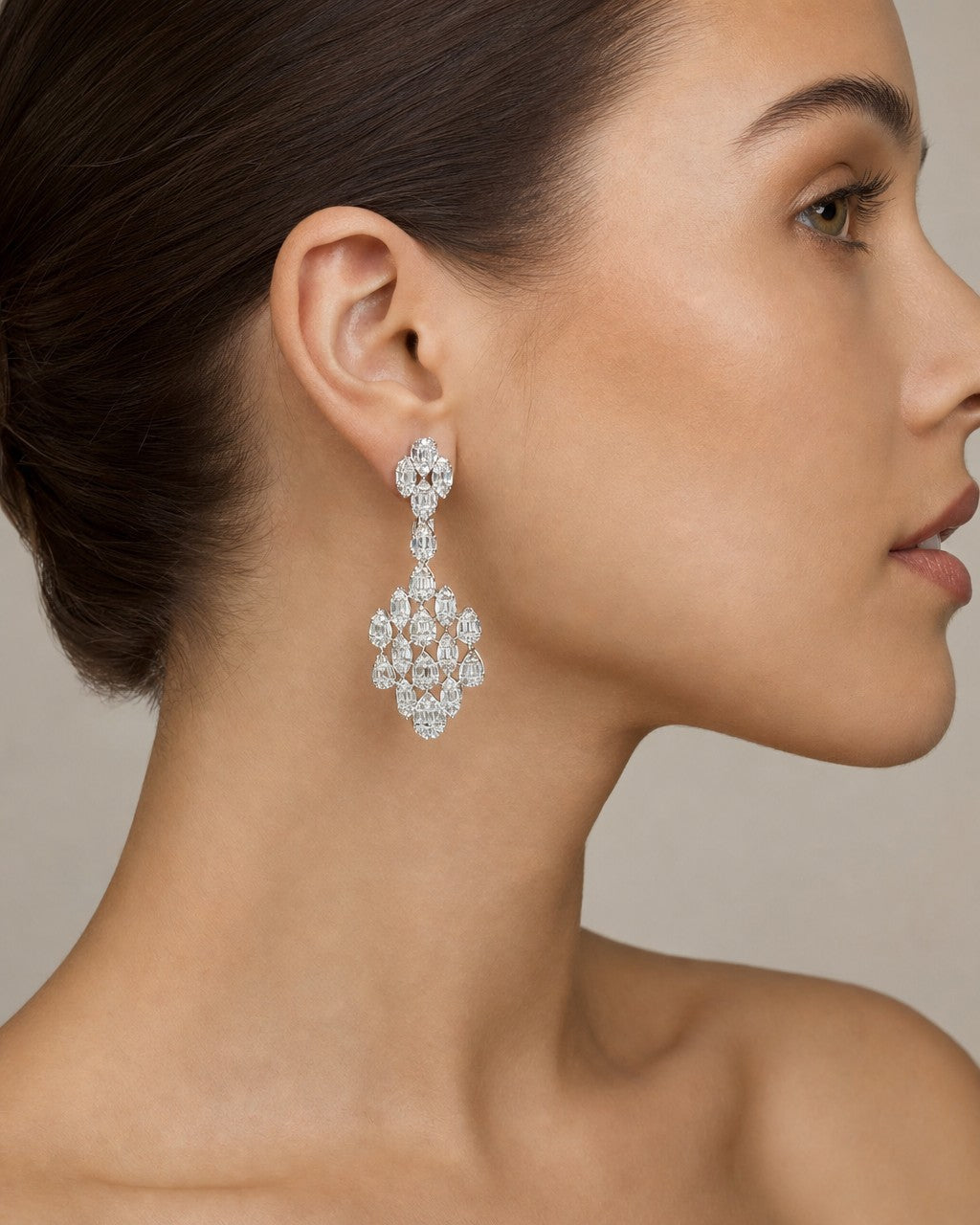Female model wearing 14K Bridal Baguette Tree Hanging Earrings