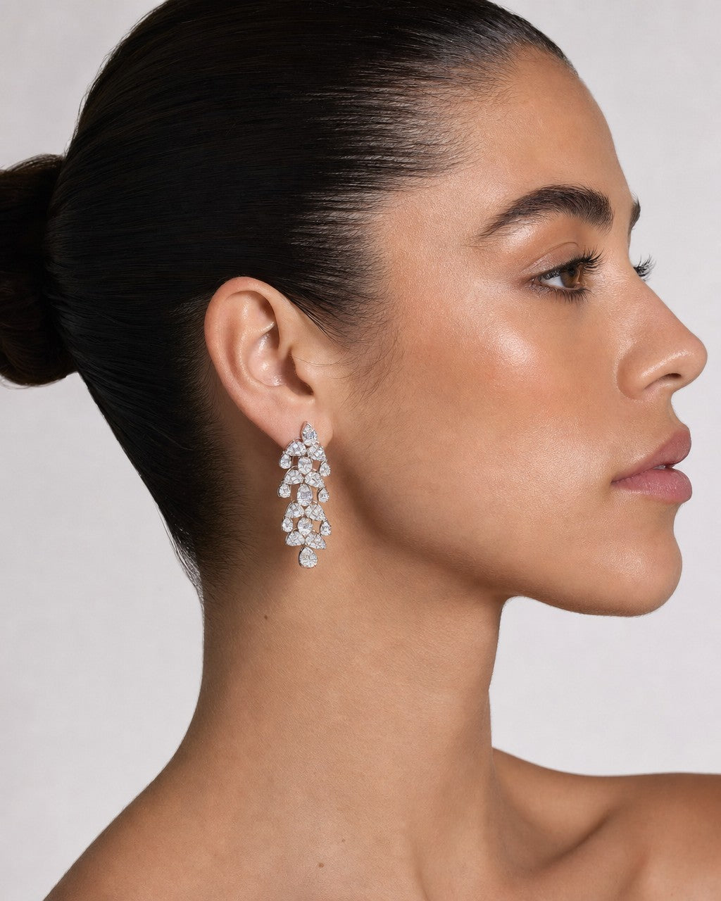 Female model wearing 14K Bridal Teardrop Hanging Earrings