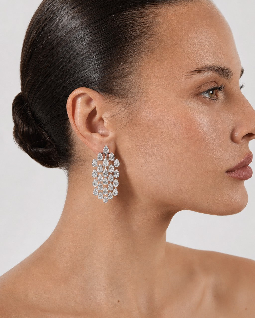 Female model wearing 14K Bridal Chandelier Earrings