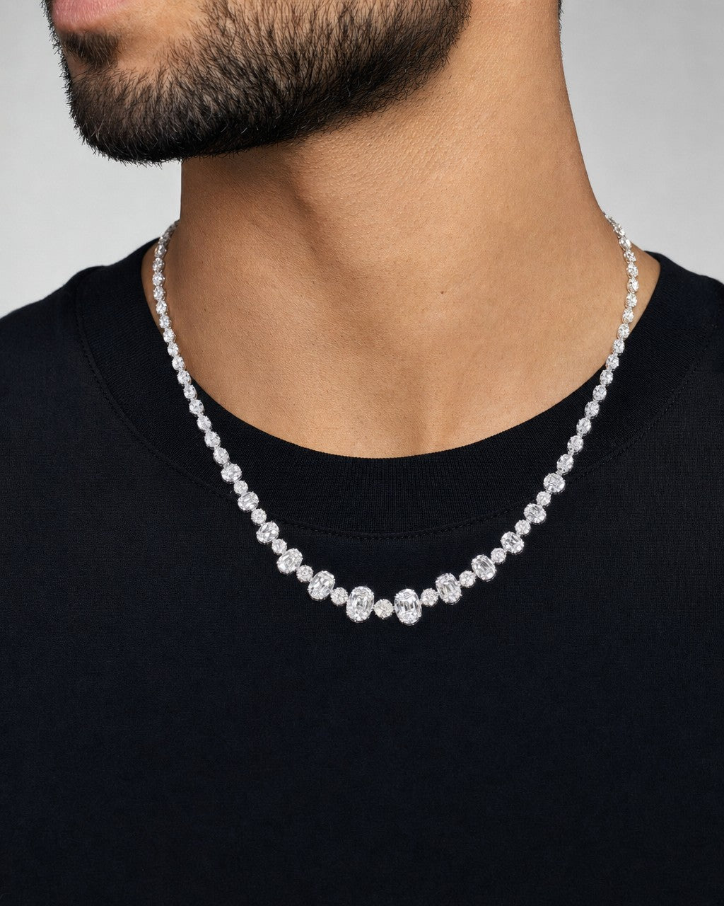Male model wearing 14K Bridal Oval Baguette Tennis Chain