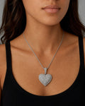 Female model wearing 14K Halo Heart 3D Diamond Pendant