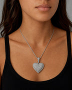 Female model wearing 14K Halo Heart 3D Diamond Pendant