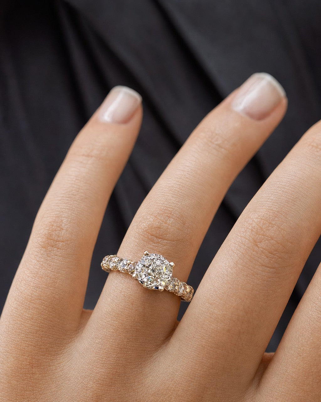 Female model wearing 14k Circle One Row Engagement Ring