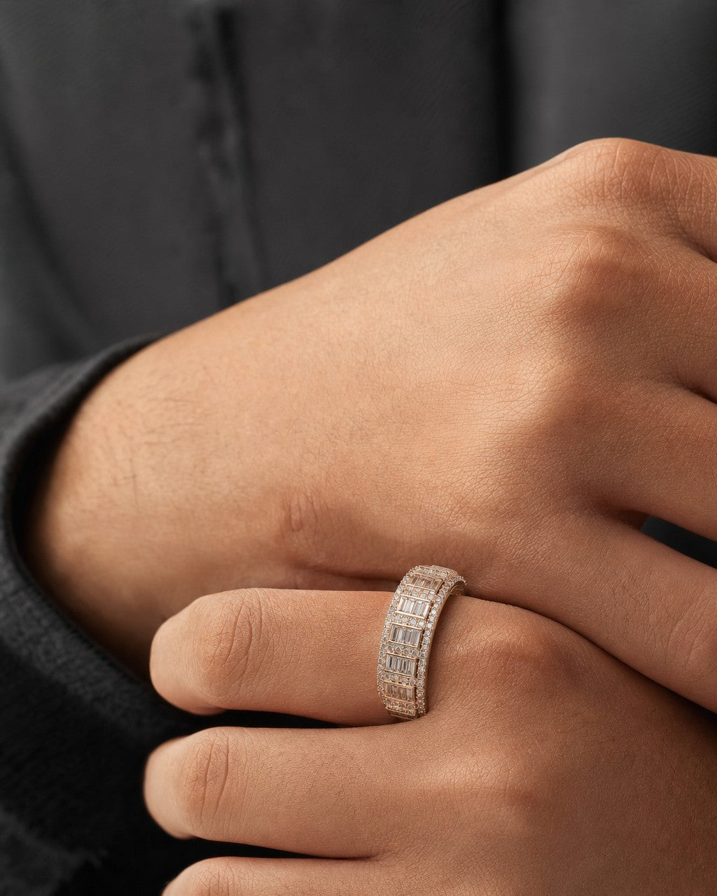 Male model wearing Triple Row Baguette Ring Band