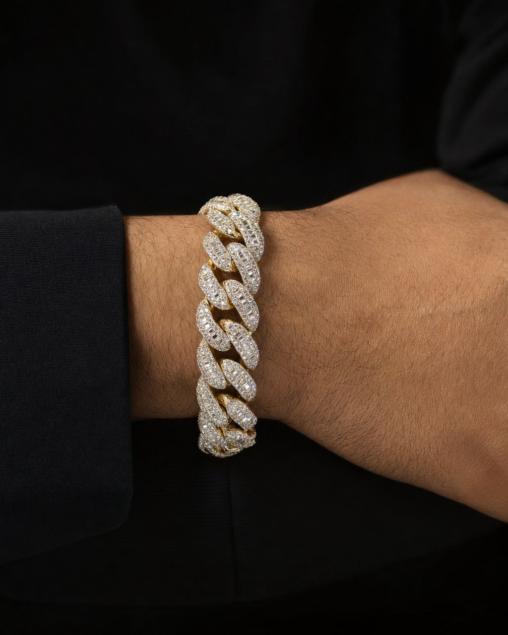 Male model wearing 14K Diamond Baguette Cuban Bracelet