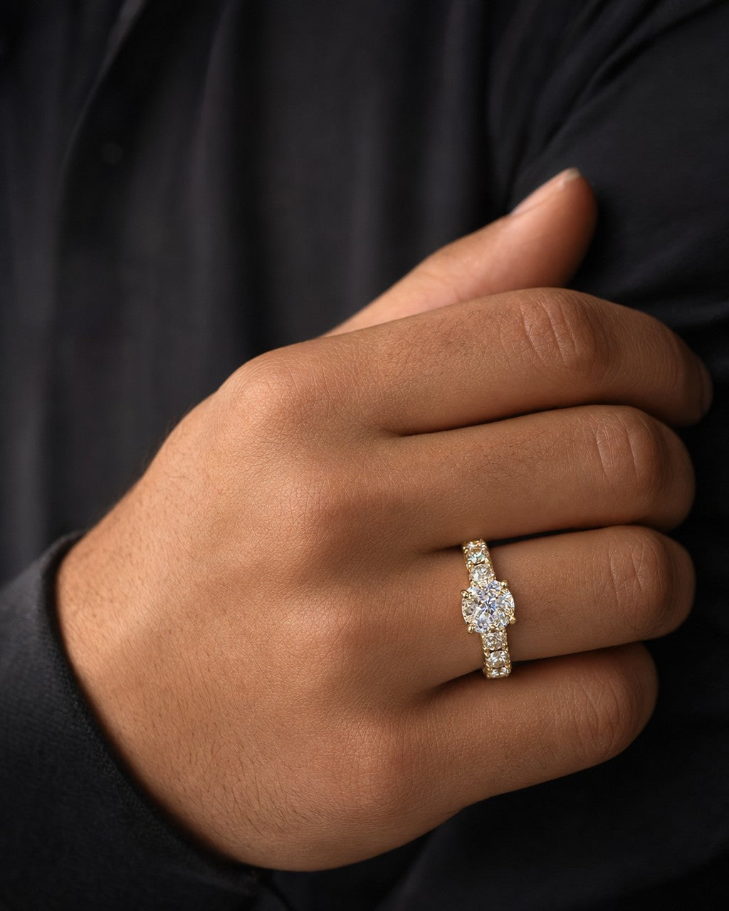 Male model wearing 14K Stacked Diamond Ring