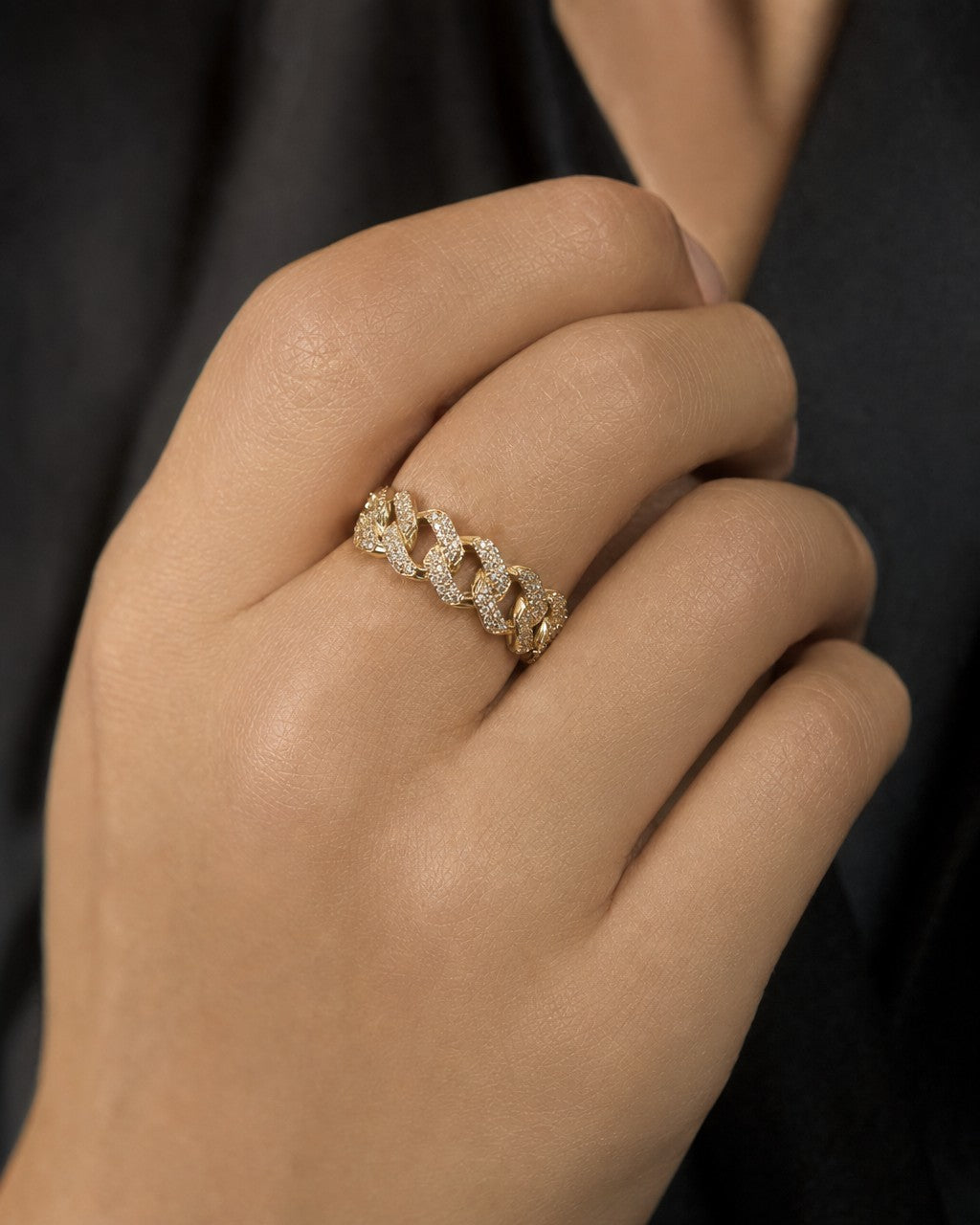Female model wearing 14K Gold & Diamonds Eternity Cuban Ring