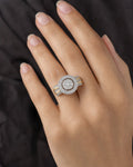 Female model wearing 10K Circle Large Stones Center Diamond Baguette Engagement Ring