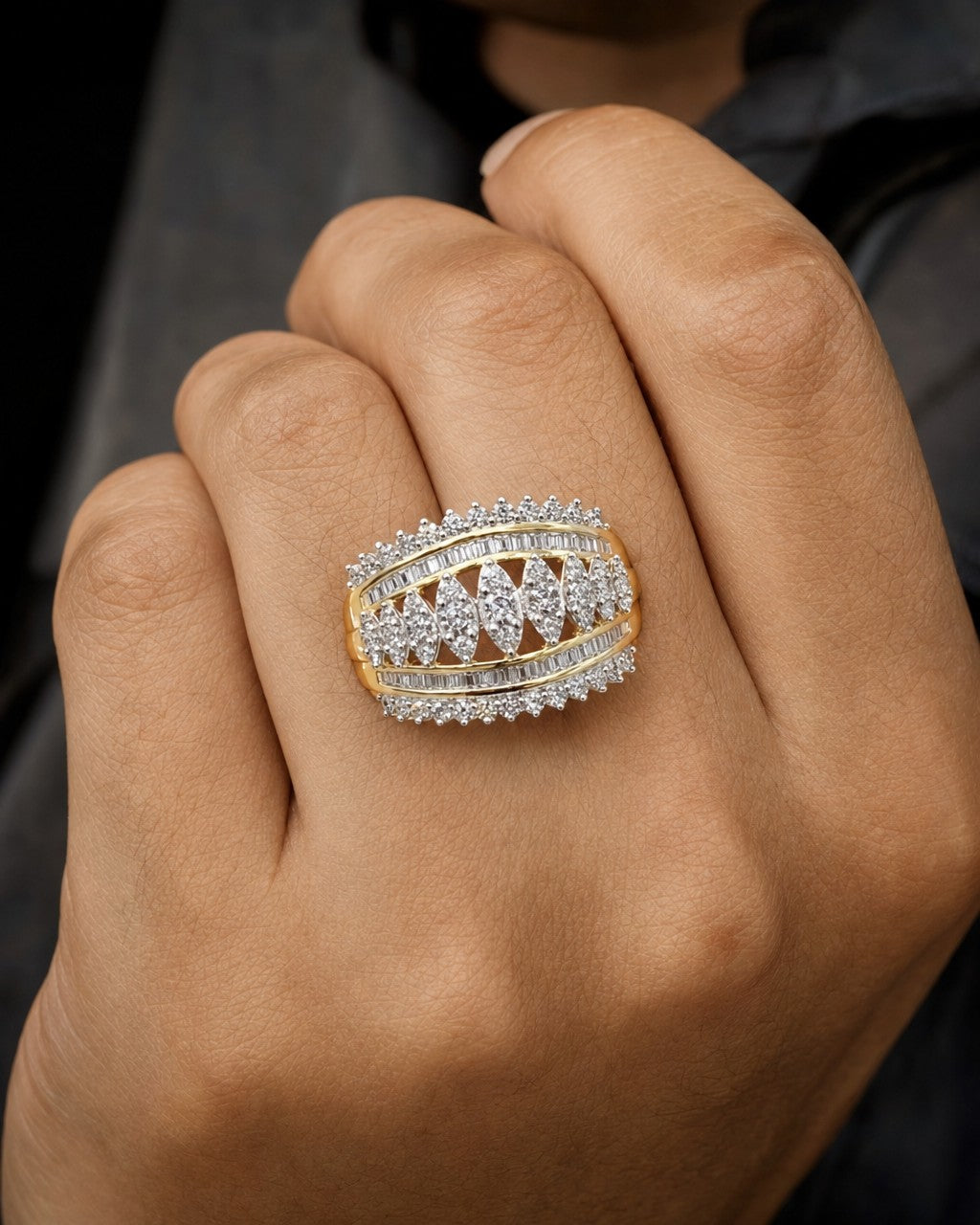 Male model wearing 10K Diamond Baguette Crown Ring